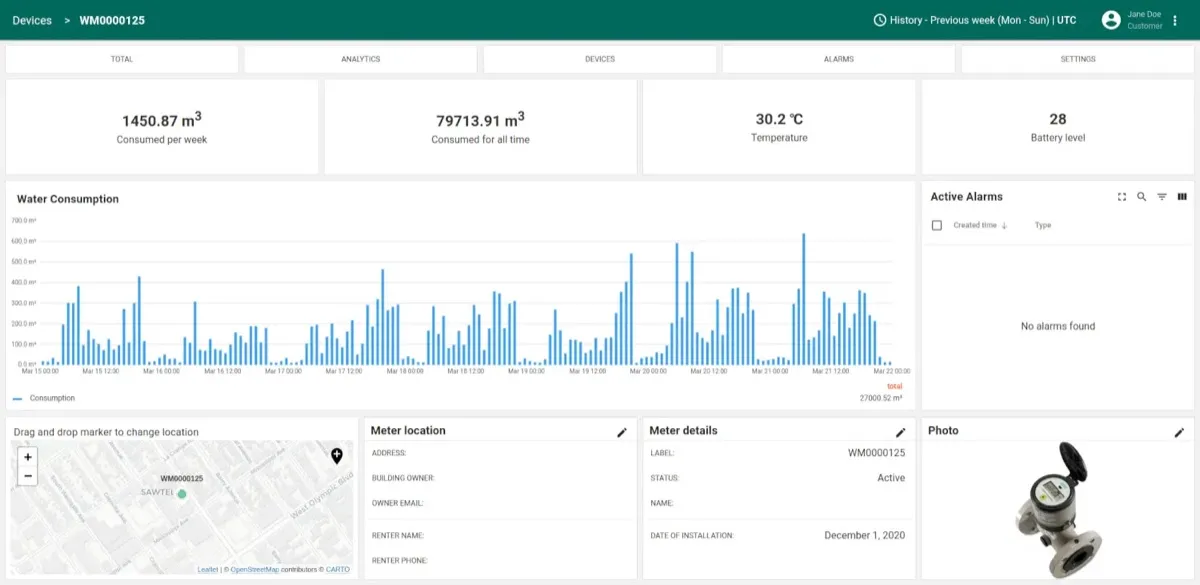 ModSensors web dashboard with history, alarms and fleet map