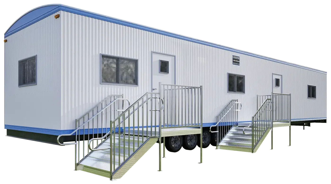 Office trailer with two entry ramps and stairs