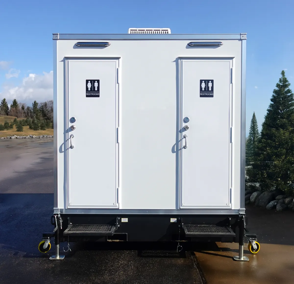 Two-door mobile washroom trailer